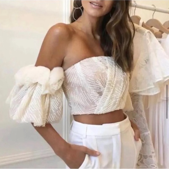 Tops - Apricot Off Shoulder Embroidered Corset Crop Top Dramatic Puff Sleeve Coquette